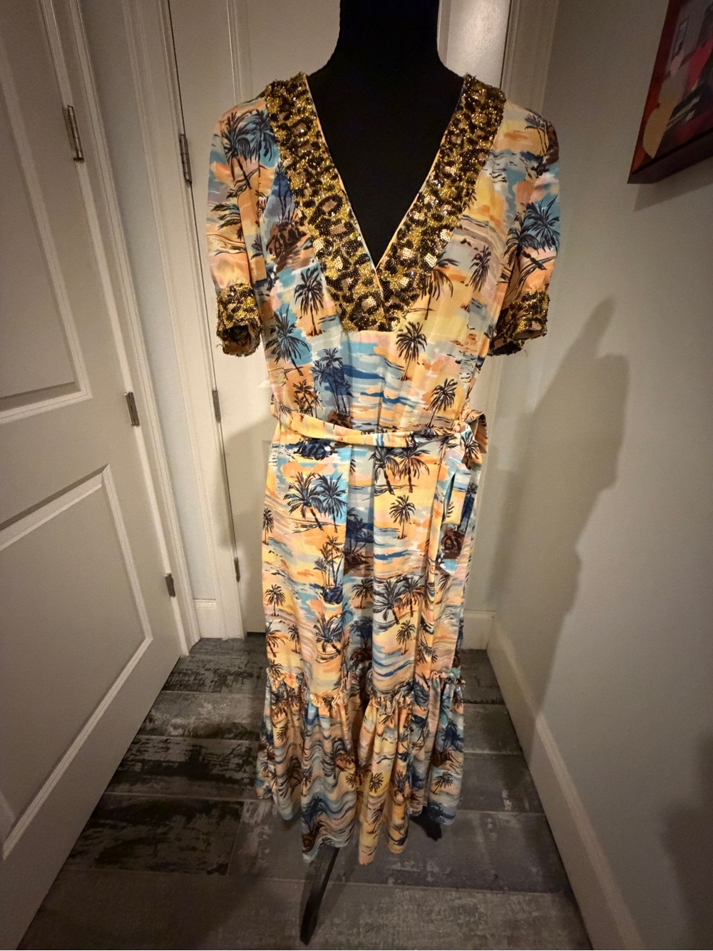 LE Superbe Beaded V-Neck Tropical Print Wrap Maxi Dress in Peach Blue